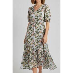 Emily Lovelock Amelia Print Midi Dress Sz M Pepper Novelty Print Purple Ruffled